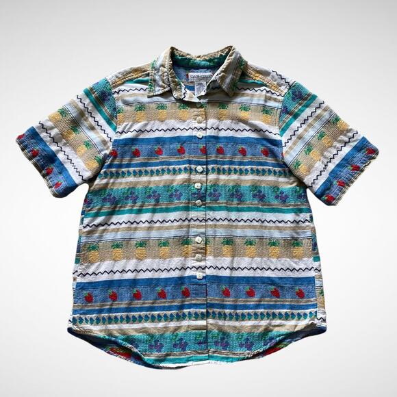 Cabin Creek Fruits Striped Textured Button-up Shirt Sz L - Picture 2 of 10